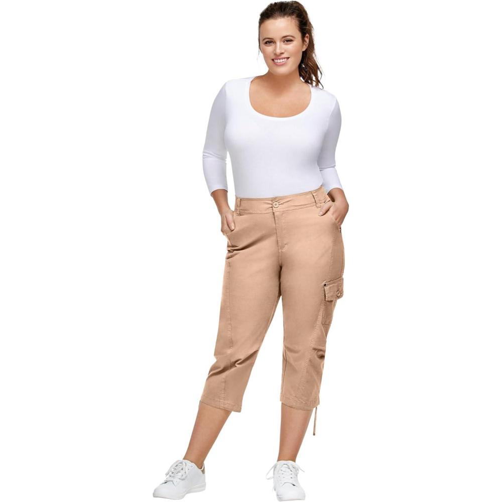 image:imageellos Womens Plus Size Stretch Cargo Capris Front and Side Pockets Casual Cropped PantsNew Khaki