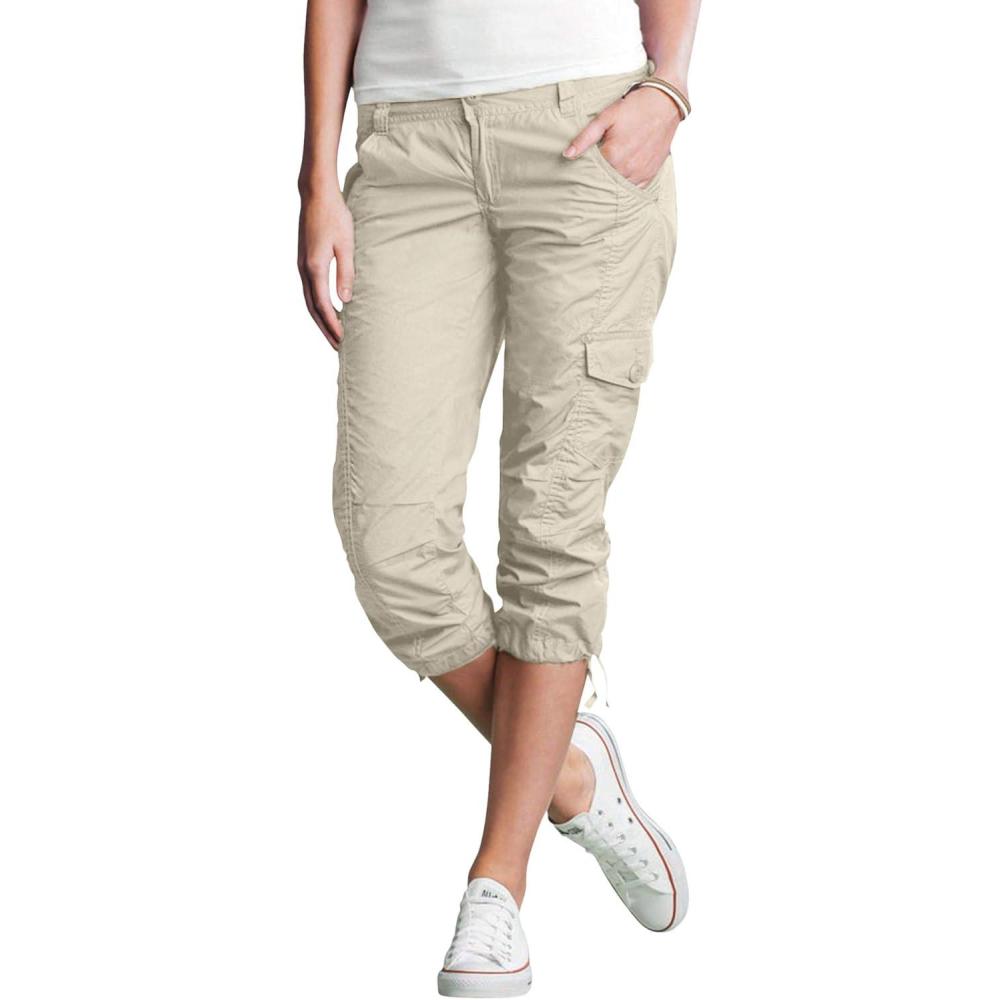 image:imageellos Womens Plus Size Stretch Cargo Capris Front and Side Pockets Casual Cropped PantsStone