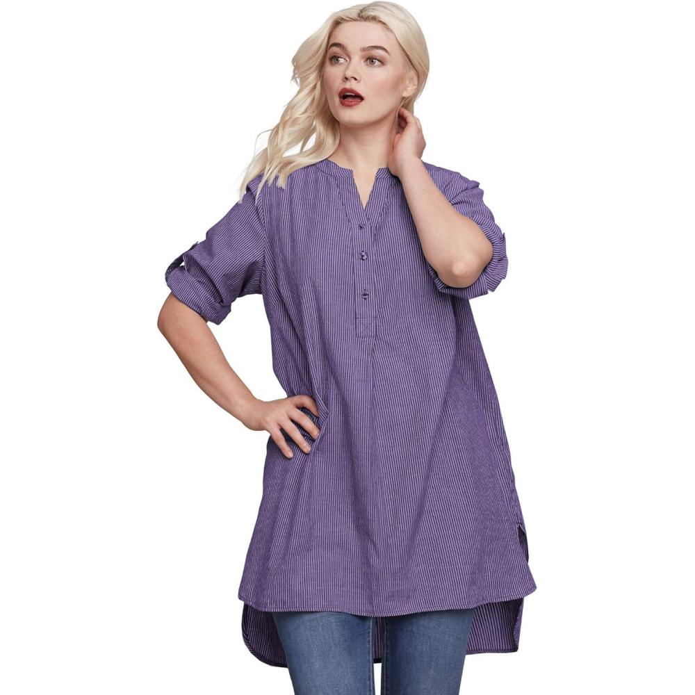 image:imageellos Womens Plus Size Striped Henley Tunic Oversized Long Top Wear with LeggingsMidnight Violet Stripe