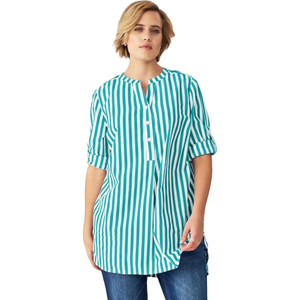 image:imageellos Womens Plus Size Striped Henley Tunic Oversized Long Top Wear with LeggingsTropical Jade Stripe