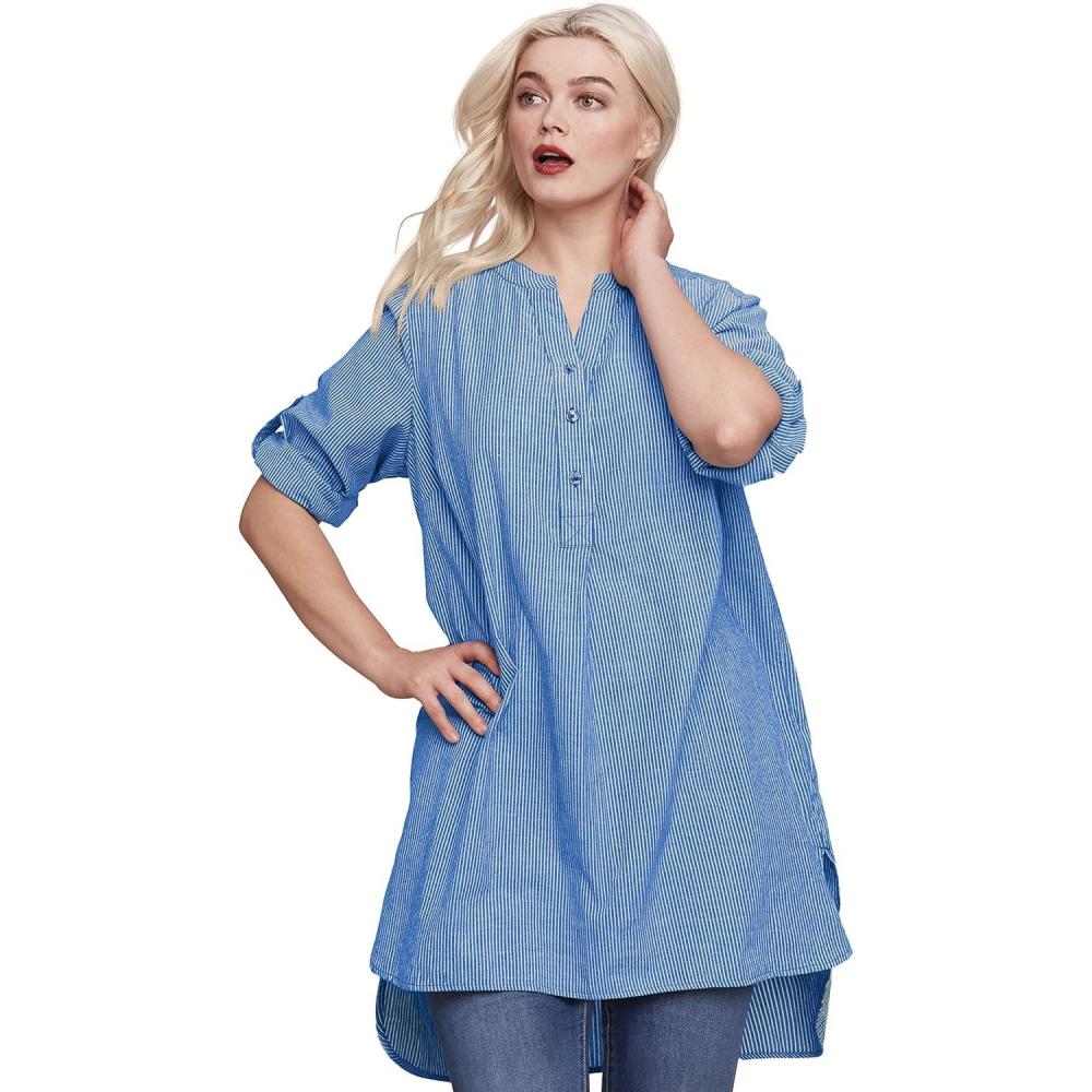 image:imageellos Womens Plus Size Striped Henley Tunic Oversized Long Top Wear with LeggingsUltramarine Stripe