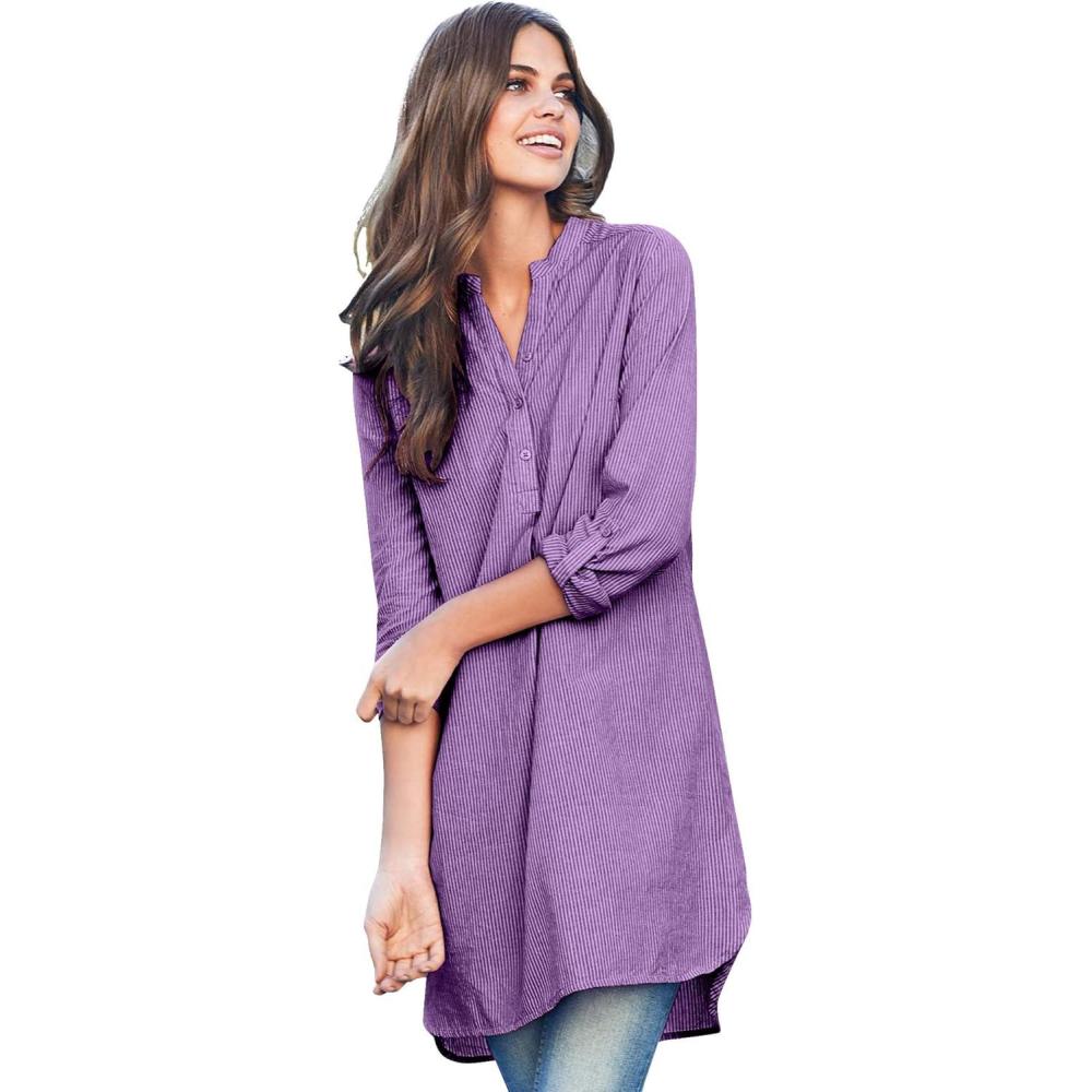 image:imageellos Womens Plus Size Striped Henley Tunic Oversized Long Top Wear with LeggingsViolet Bloom Stripe