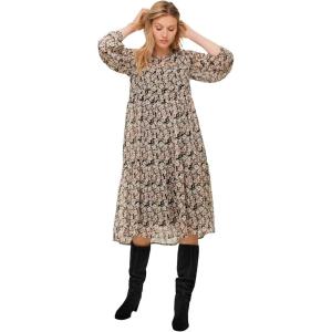 ellos Plus Size Sheer Overlay Tiered Dress(Black Ivory Floral)