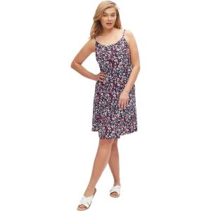 ellos Plus Size Stretch Knit Scoop Neck Tank A Line Dress(Navy Red Ditsy Floral)