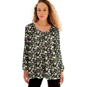 ellos Plus Size Tie Neck Peasant Tunic(Black Orchid Pink Floral)