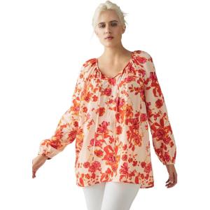 ellos Plus Size Tie Neck Peasant Tunic(Light Coral Floral)