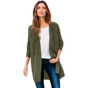 ellos Women’s Plus Size Open Front Waffle Cardigan Oversized Long Lightweight Sweater(Dark Olive Green)