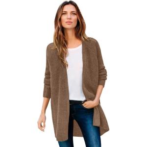 ellos Women’s Plus Size Open Front Waffle Cardigan Oversized Long Lightweight Sweater(Pecan Brown)