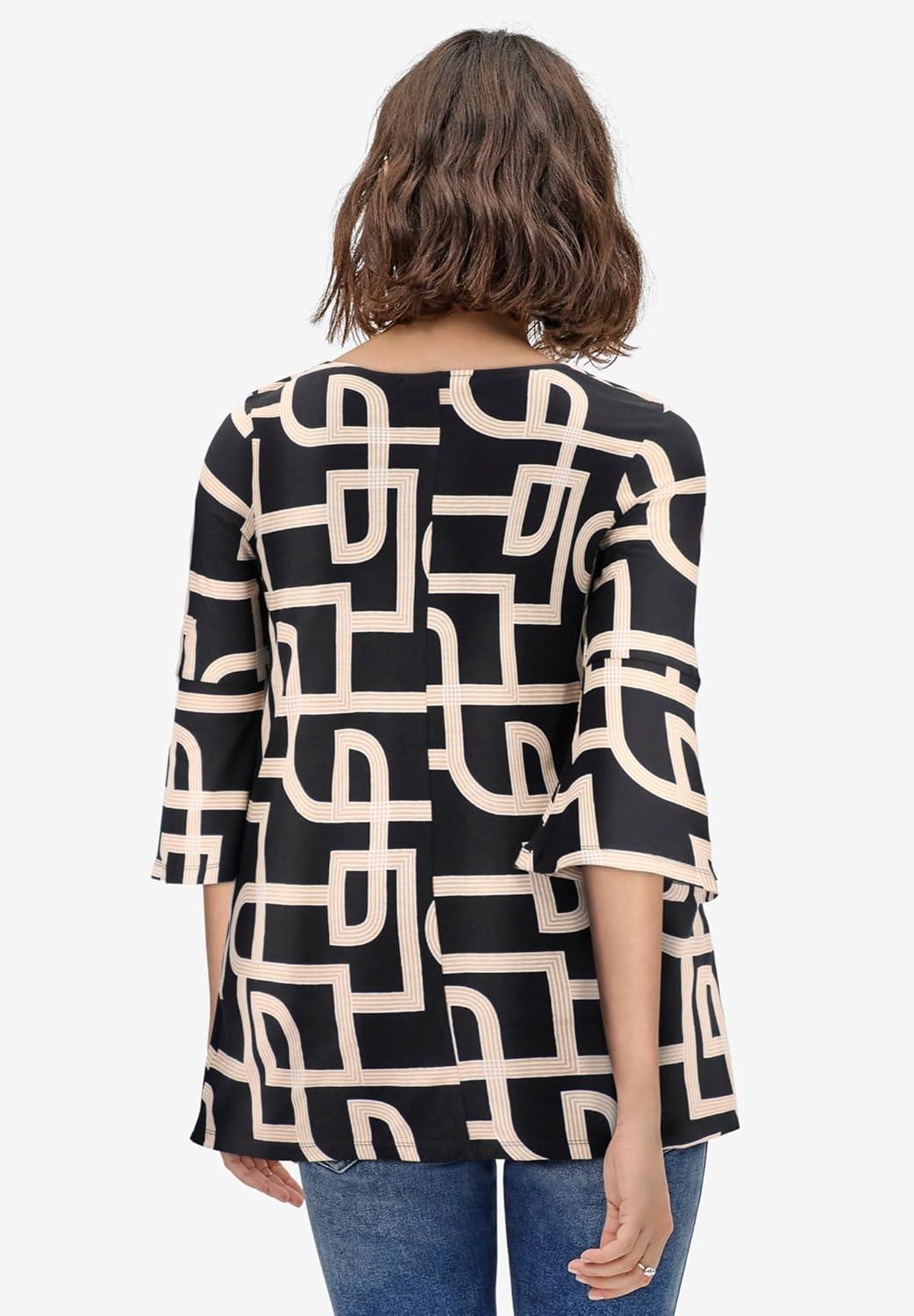 image:imageEllos Plus Size Bell Sleeve ALine Knit TunicBlack White Print