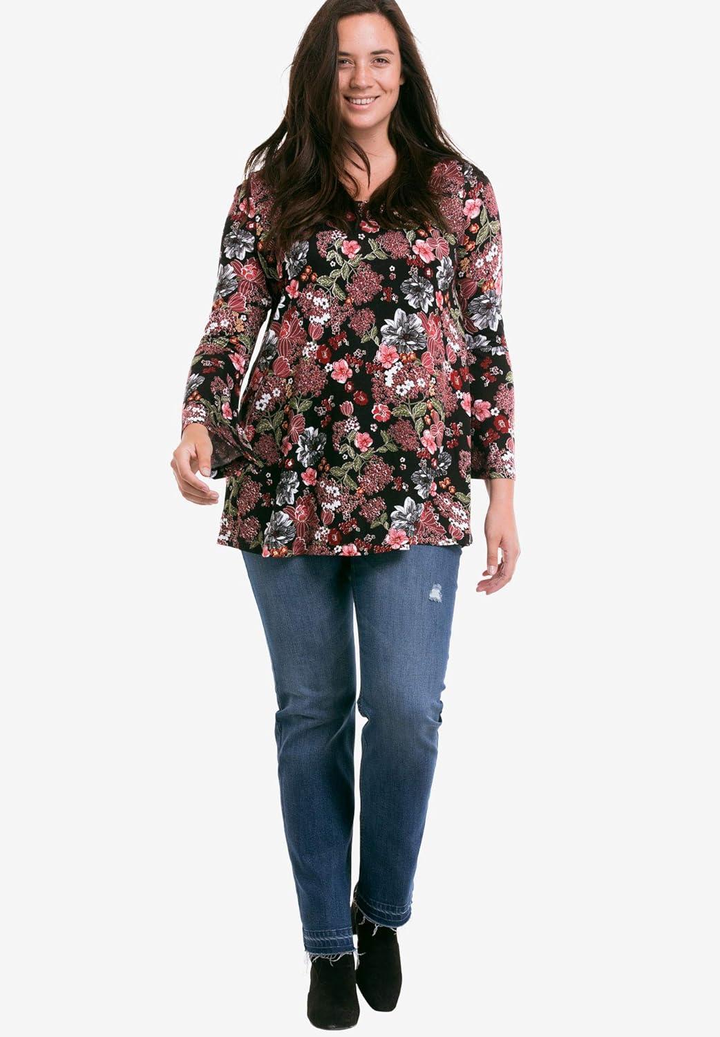 image:imageEllos Plus Size Bell Sleeve ALine Knit TunicNavy Graphic Print