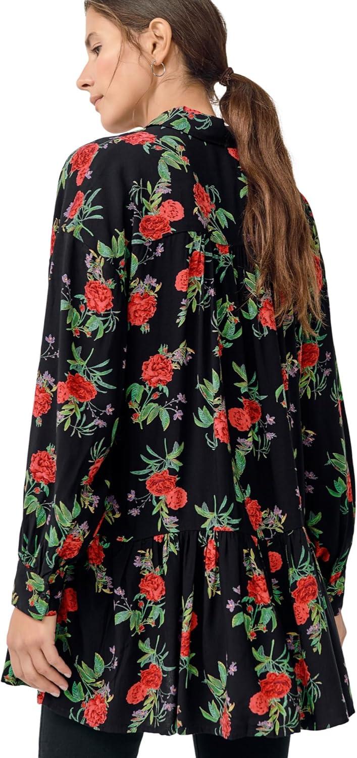 image:imageEllos Plus Size Button Front Peplum TunicBlack Red Floral