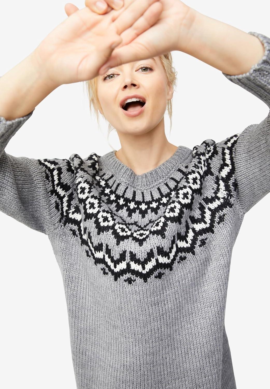 image:imageEllos Plus Size Fair Isle Sweater TunicGrey Fair Isle