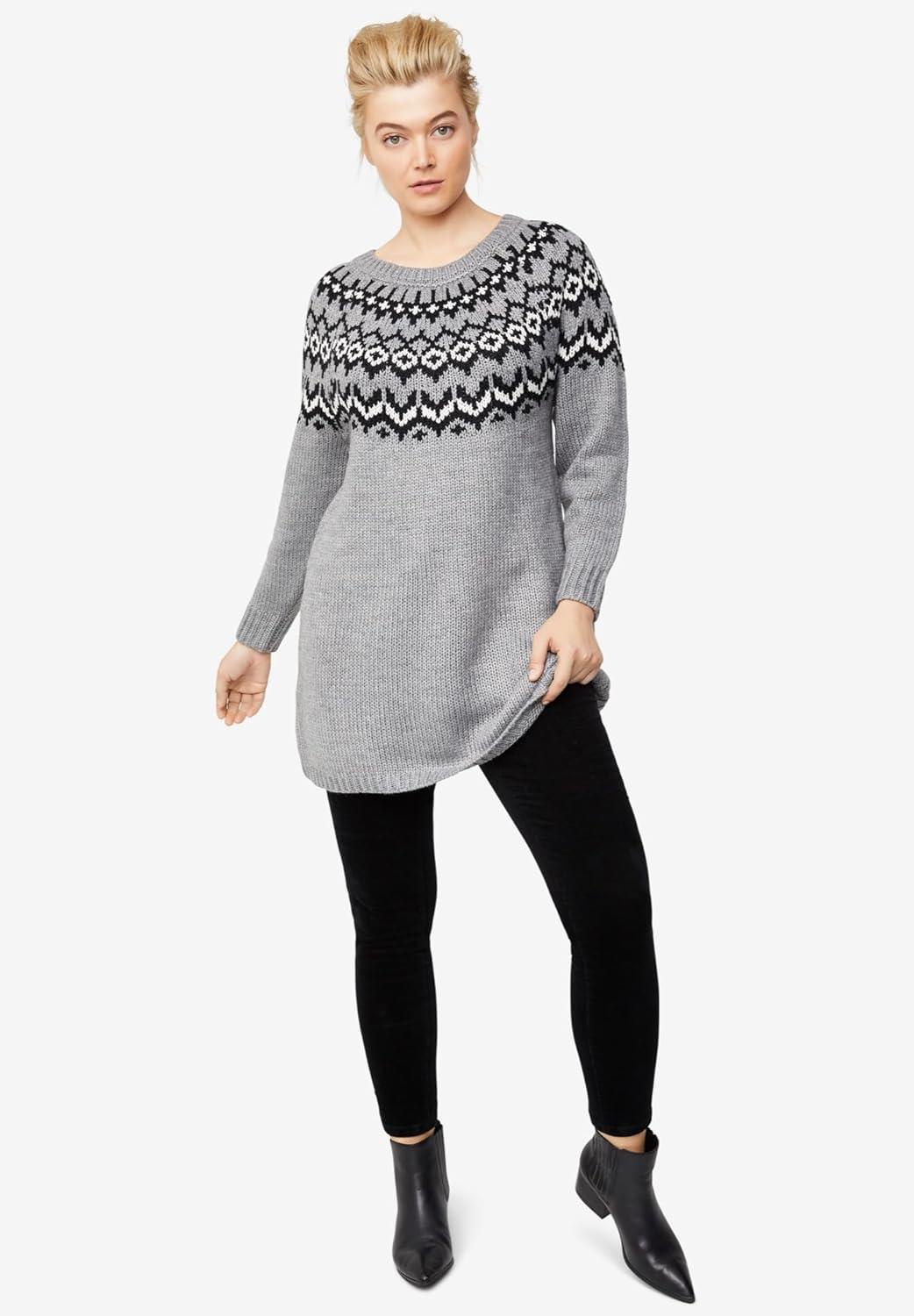 image:imageEllos Plus Size Fair Isle Sweater TunicGrey Fair Isle