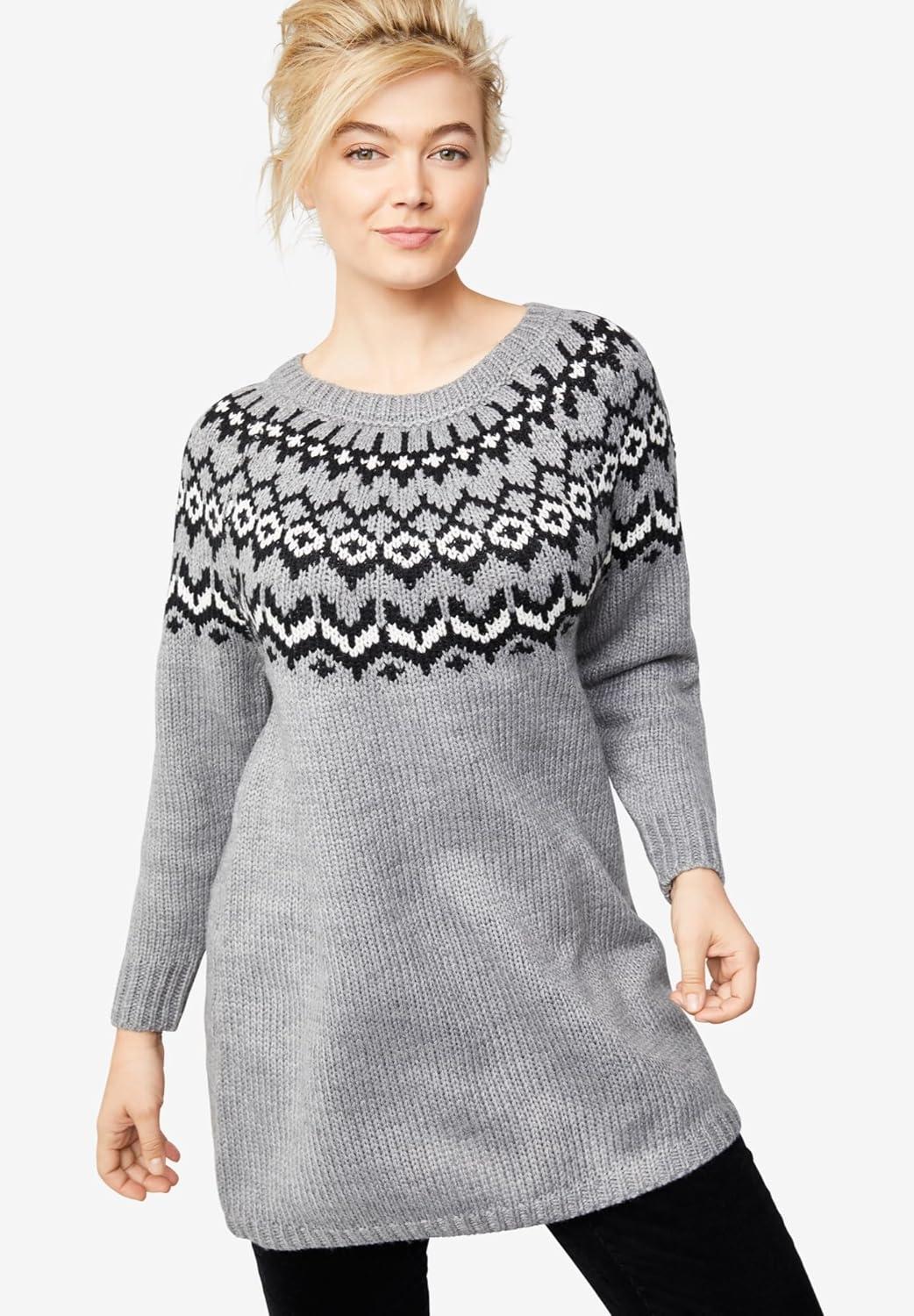 image:imageEllos Plus Size Fair Isle Sweater TunicGrey Fair Isle