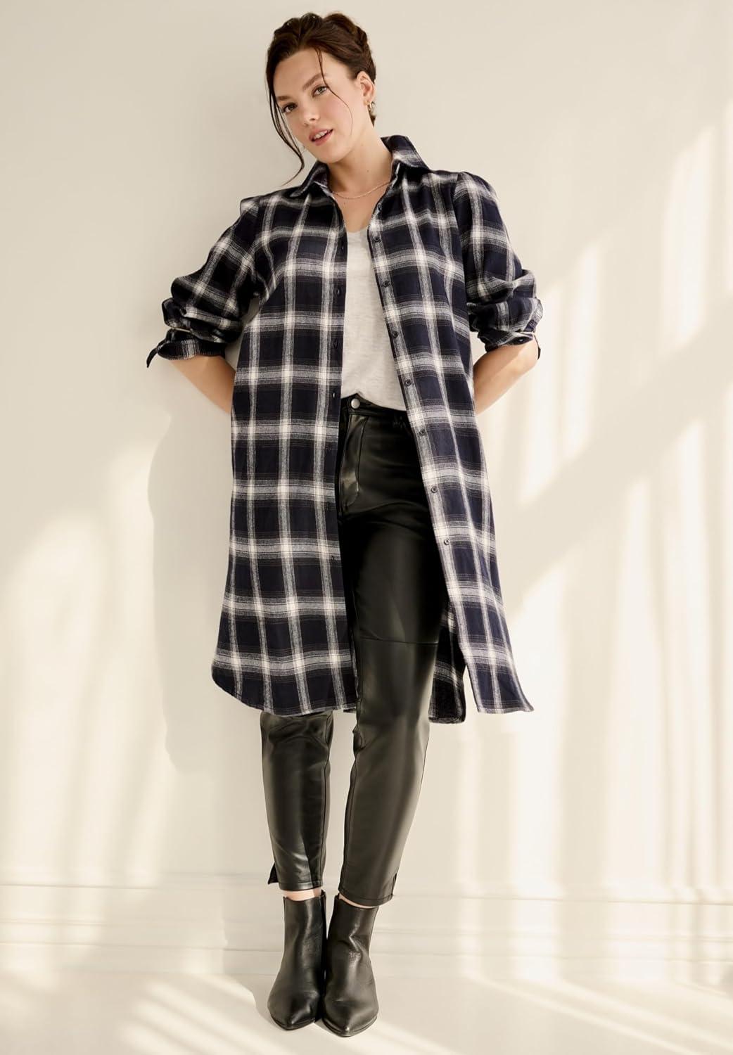 image:imageEllos Plus Size Flannel ButtonFront Mega TunicNavy Plaid