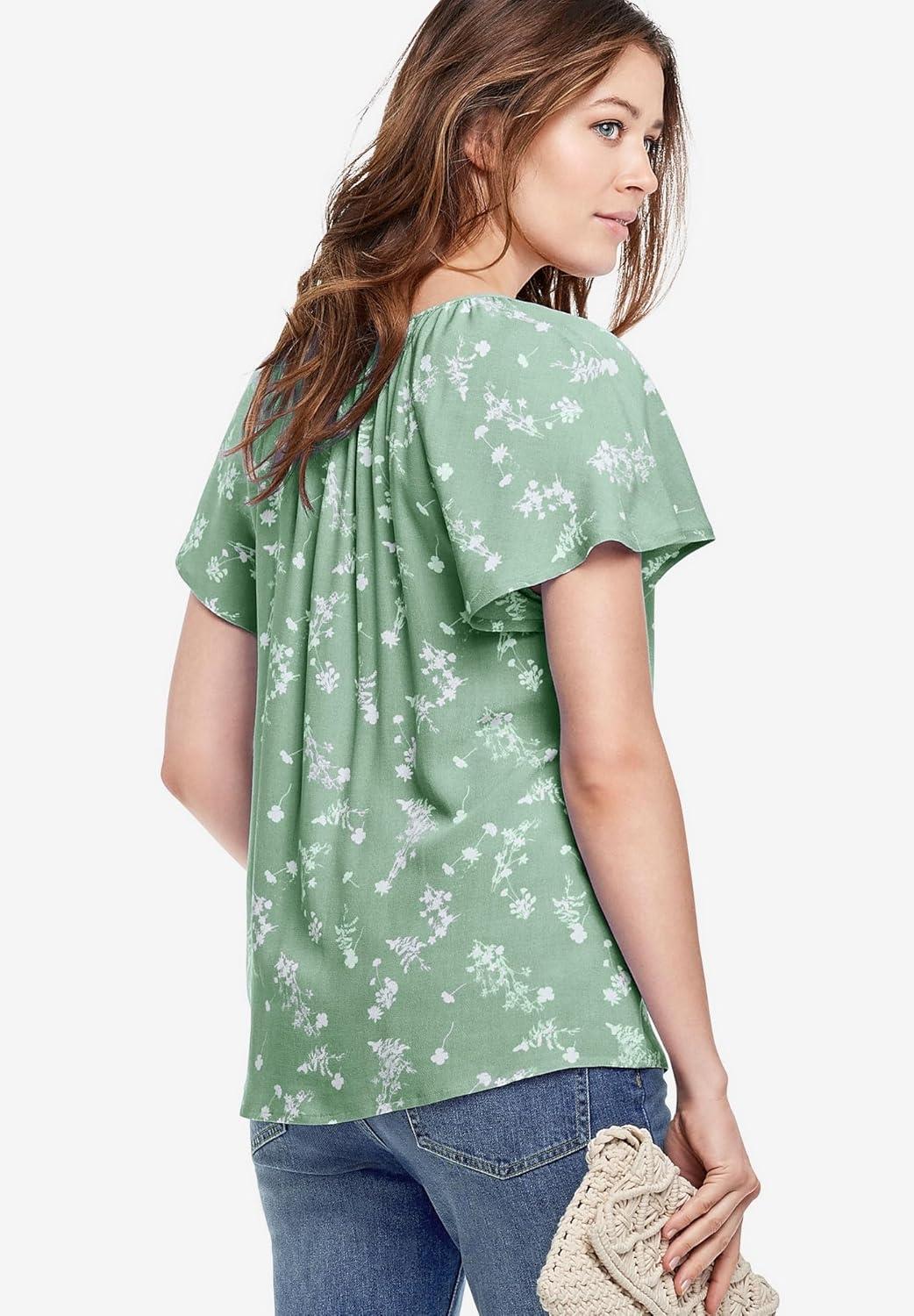 image:imageEllos Plus Size Flutter Sleeve BlouseAntique Jade Floral