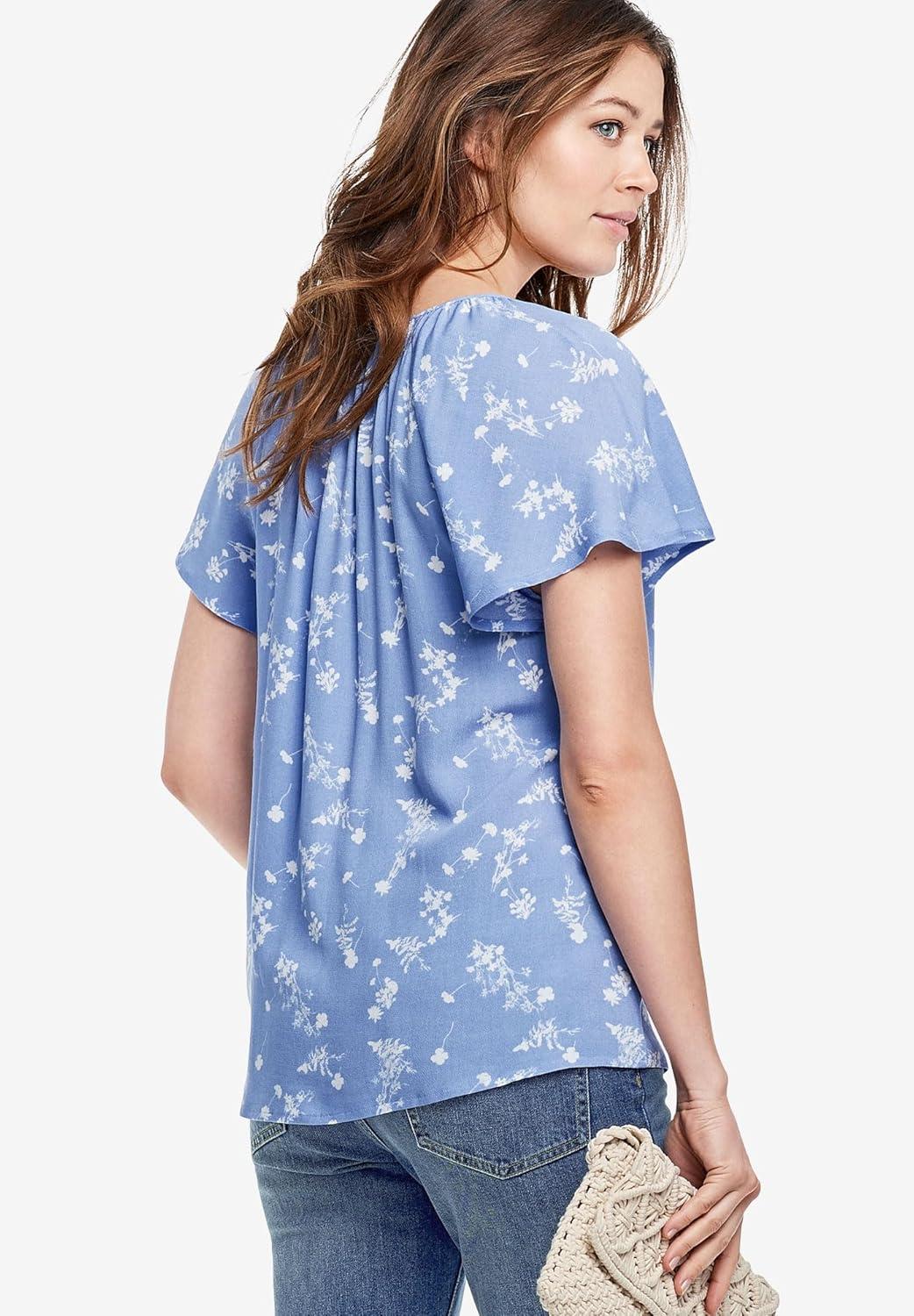 image:imageEllos Plus Size Flutter Sleeve BlousePlum Blue Floral Print
