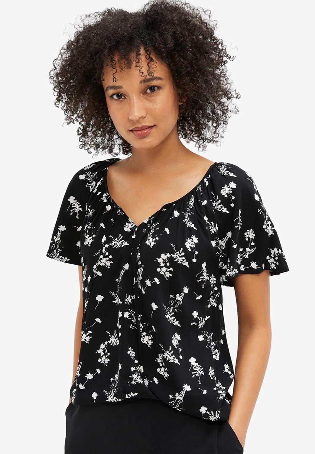image:imageEllos Plus Size Flutter Sleeve BlousePlum Blue Floral Print