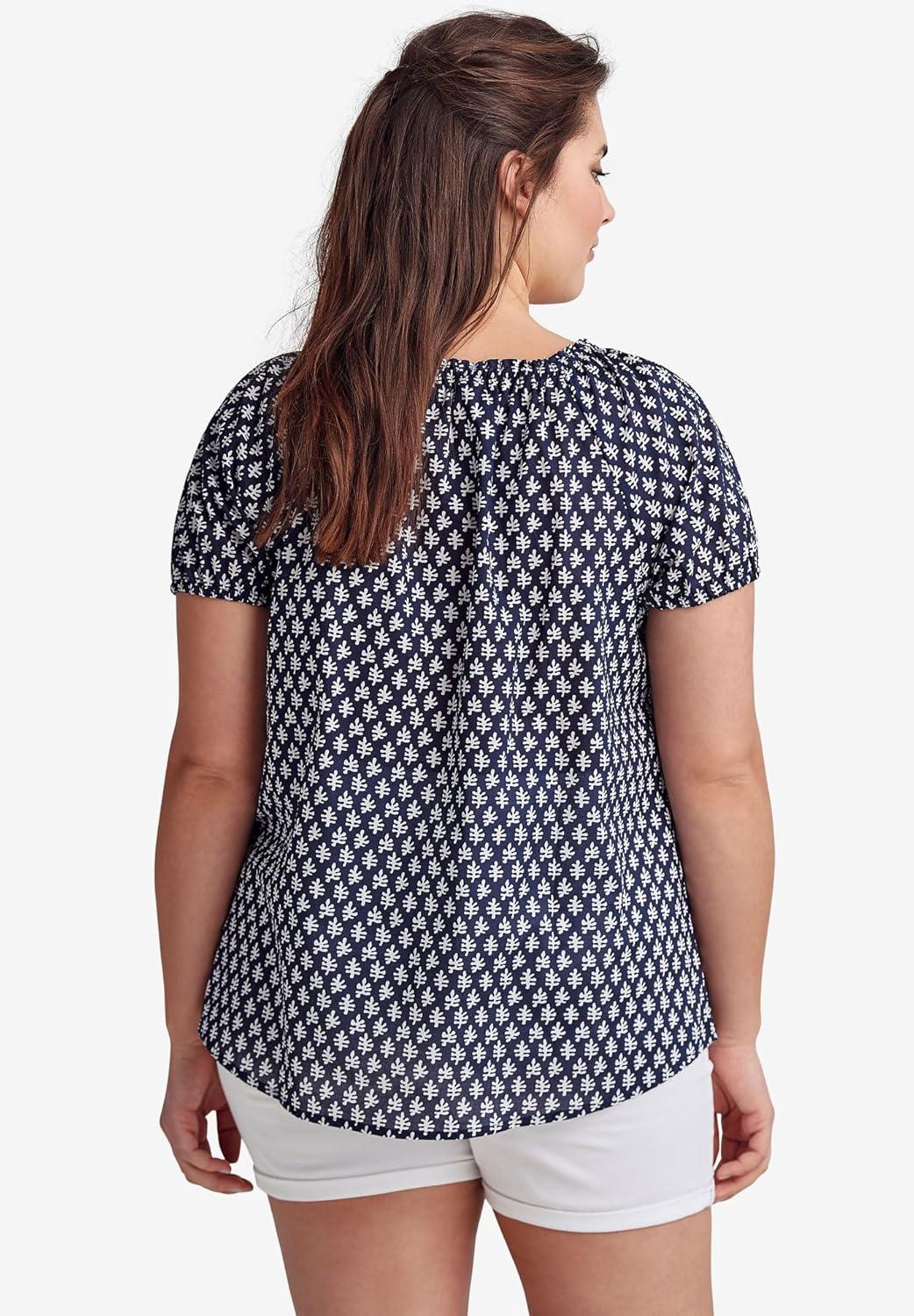 image:imageEllos Plus Size Keyhole Neckline Peasant BlouseNavyWhite Print