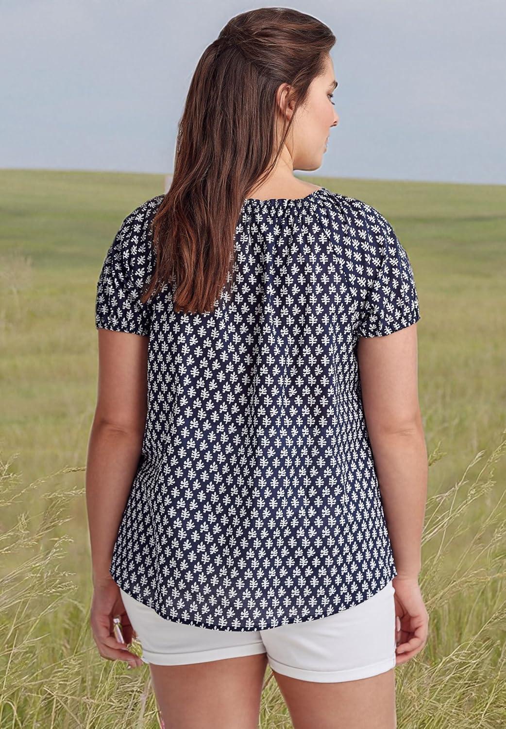 image:imageEllos Plus Size Keyhole Neckline Peasant BlouseNavyWhite Print