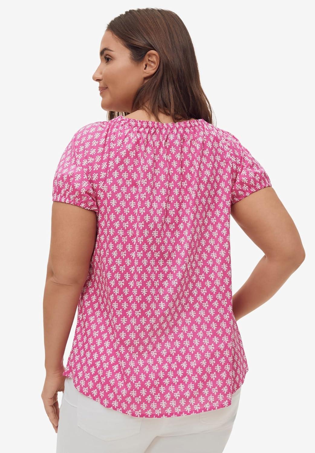 image:imageEllos Plus Size Keyhole Neckline Peasant BlouseTropical Raspberry White Print