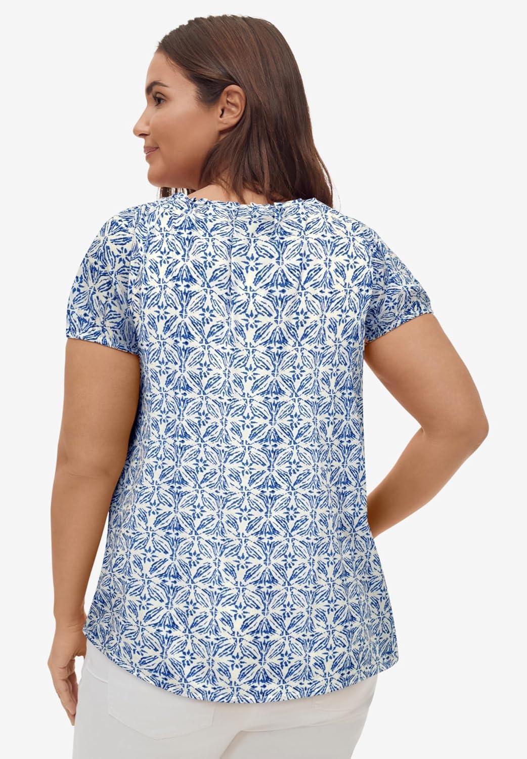 image:imageEllos Plus Size Keyhole Neckline Peasant BlouseWhite Blue Print