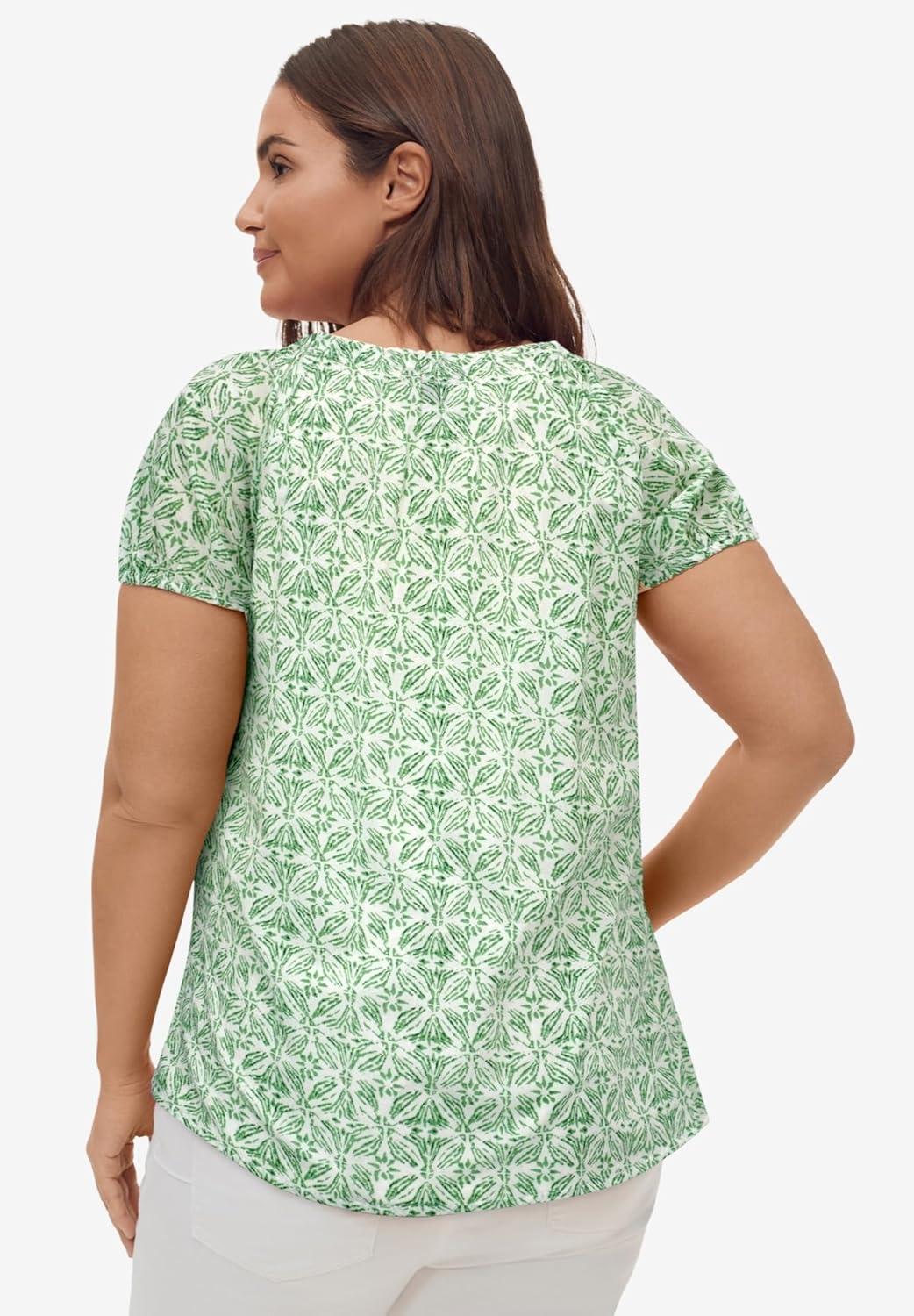 image:imageEllos Plus Size Keyhole Neckline Peasant BlouseWhite Tropical Jade Print