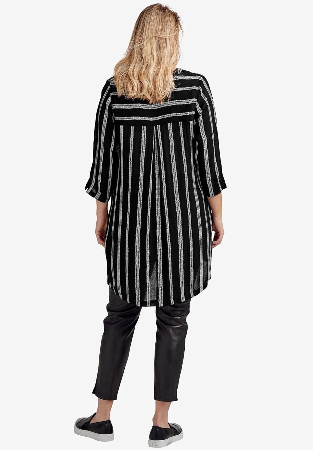 image:imageEllos Plus Size Notch Neck Crinkle TunicBlack White Stripe
