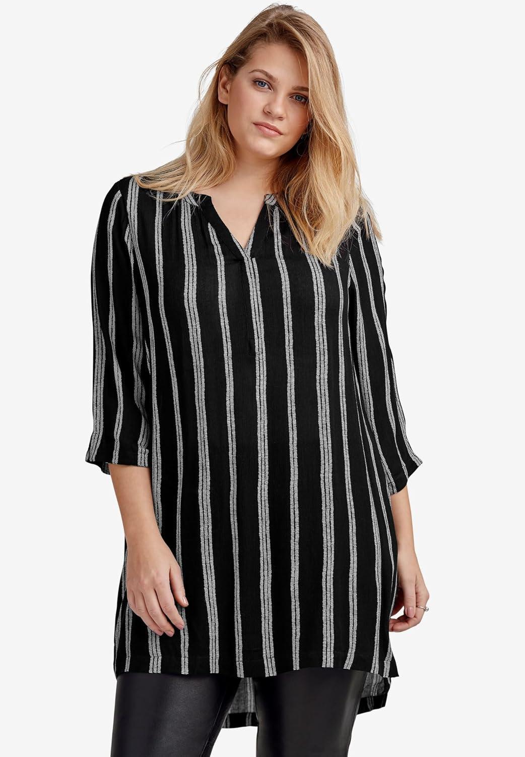 image:imageEllos Plus Size Notch Neck Crinkle TunicBlack White Stripe