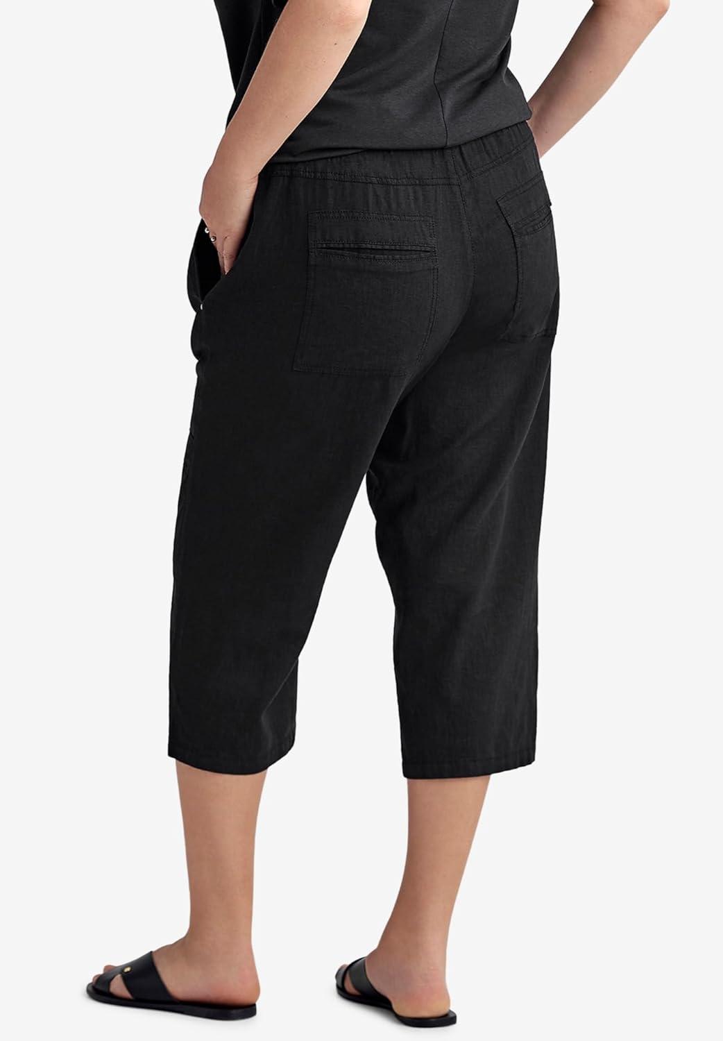 image:imageEllos Plus Size Ribbed Elastic Waist LinenBlend CaprisBlack