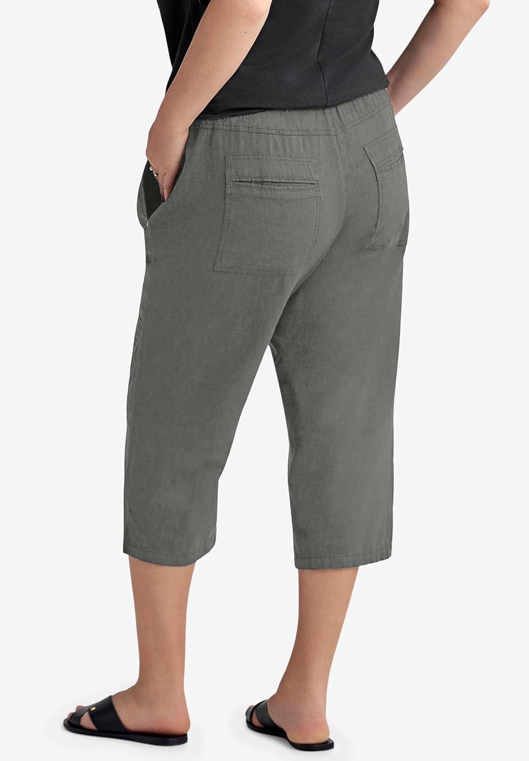 image:imageEllos Plus Size Ribbed Elastic Waist LinenBlend CaprisOlive Grey