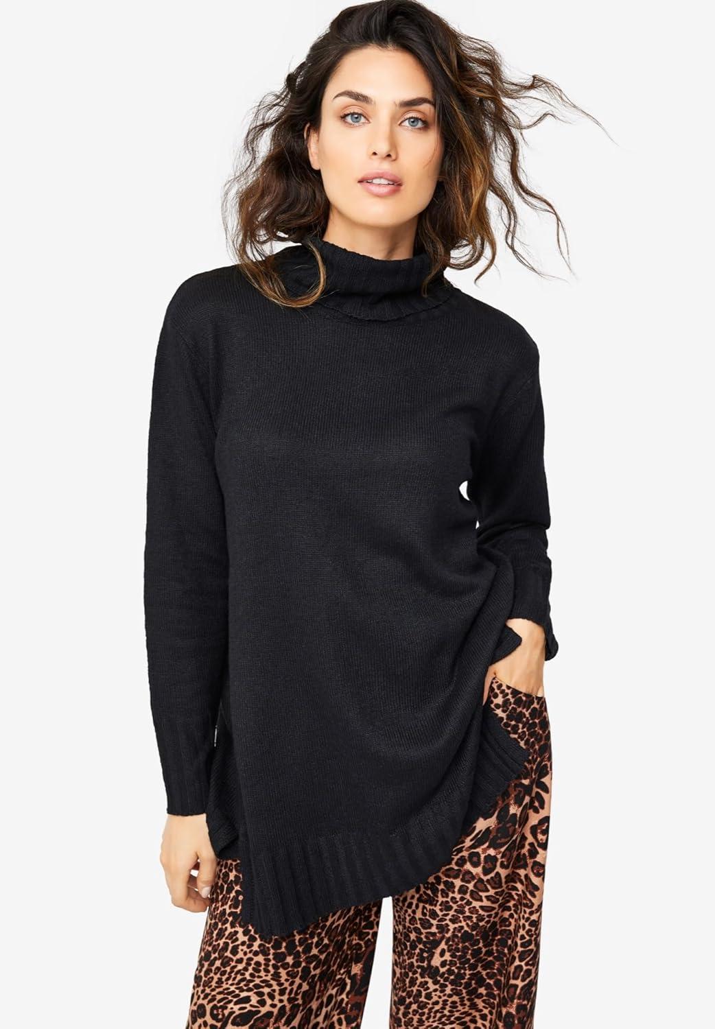 image:imageEllos Plus Size Ribbed Turtleneck Tunic SweaterBlack