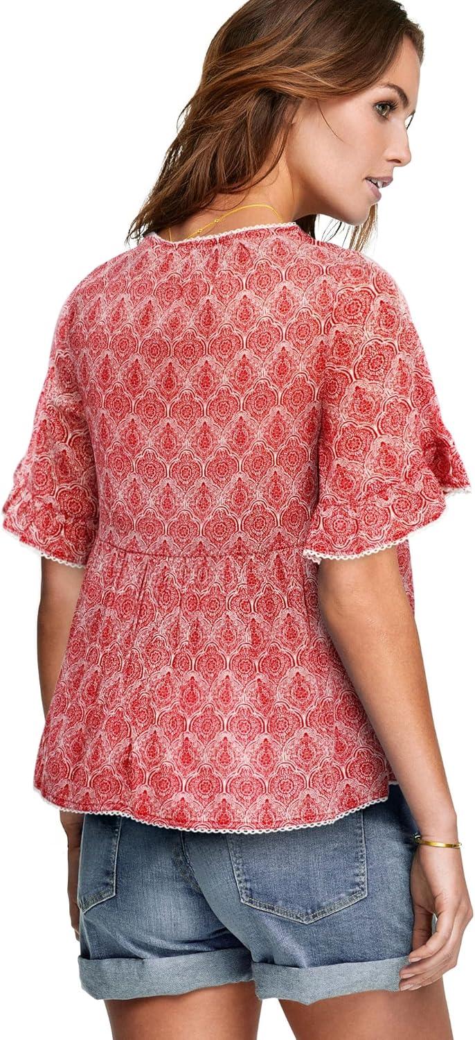 image:imageEllos Plus Size Ruffle Trim Peasant BlouseDark Sapphire White Print