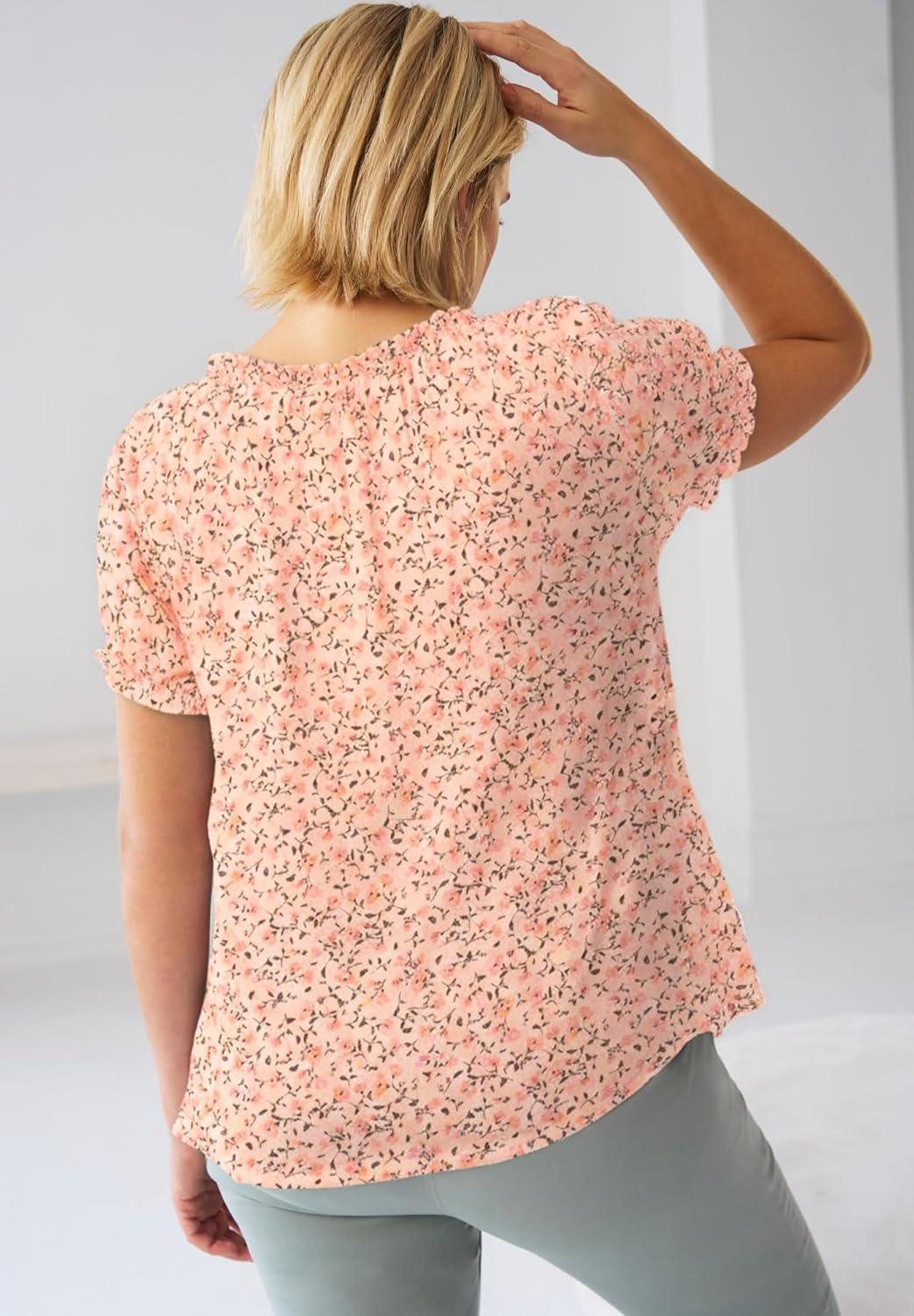 image:imageEllos Plus Size Ruffle Trim Peasant BlousePeach Bud Floral
