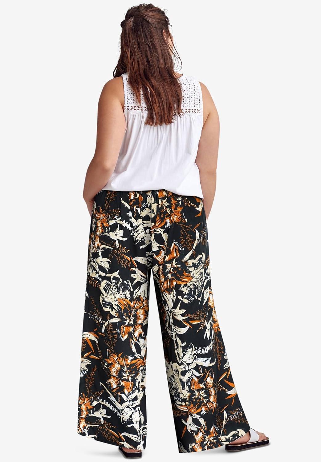 image:imageEllos Plus Size WideLeg Soft Pants with Back ElasticBlack Beige Floral