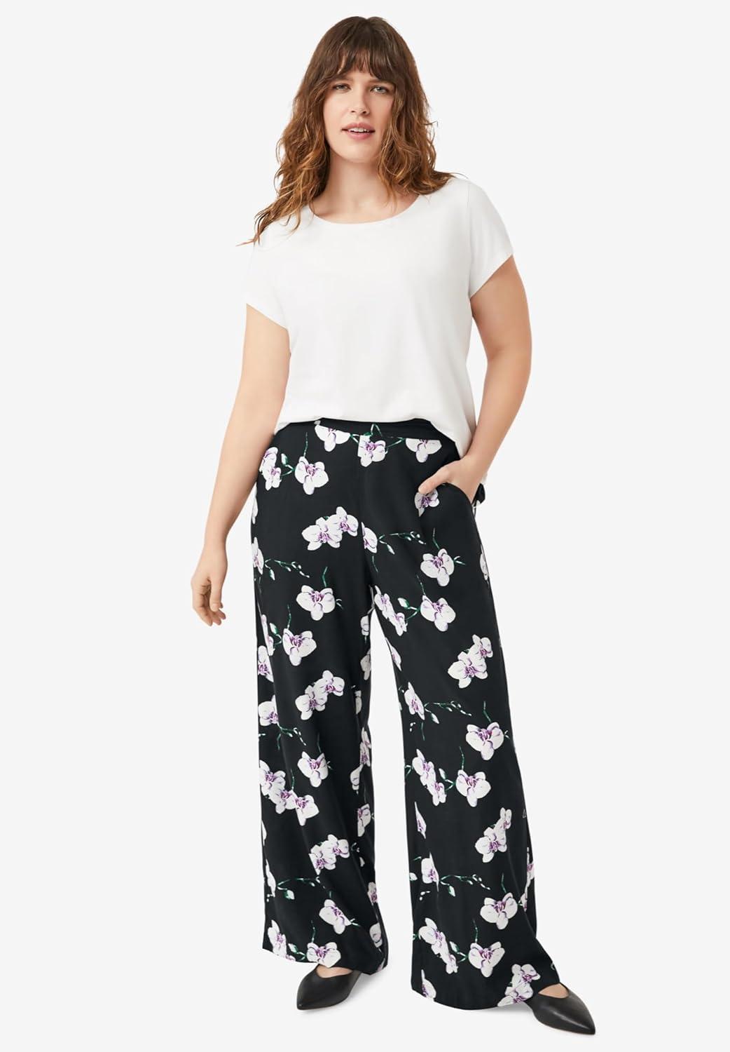 image:imageEllos Plus Size WideLeg Soft Pants with Back ElasticBlack Beige Floral