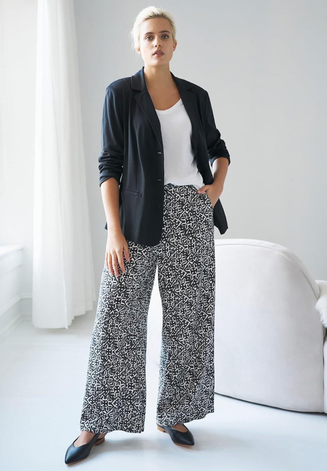 image:imageEllos Plus Size WideLeg Soft Pants with Back ElasticBlack Dusty Blue Floral