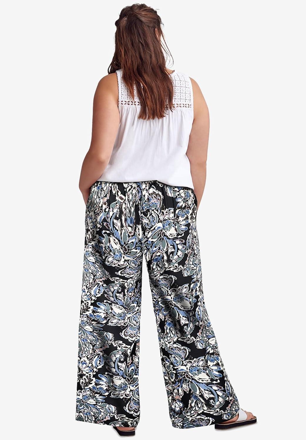 image:imageEllos Plus Size WideLeg Soft Pants with Back ElasticBlack Dusty Blue Floral