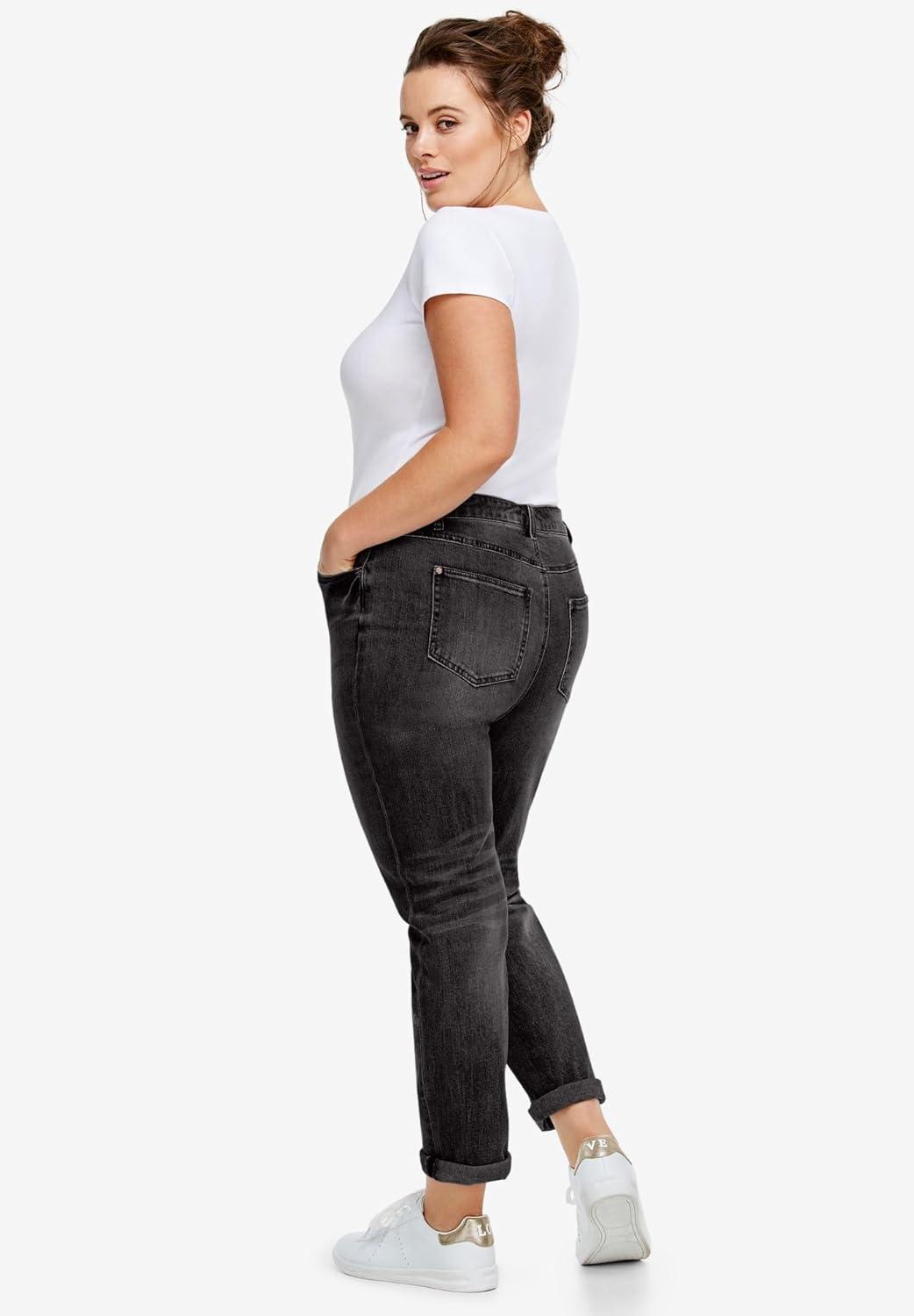 image:imageellos Comfortable Womens Plus Size Boyfriend Jeans Stretch Denim MidRiseBlack Wash