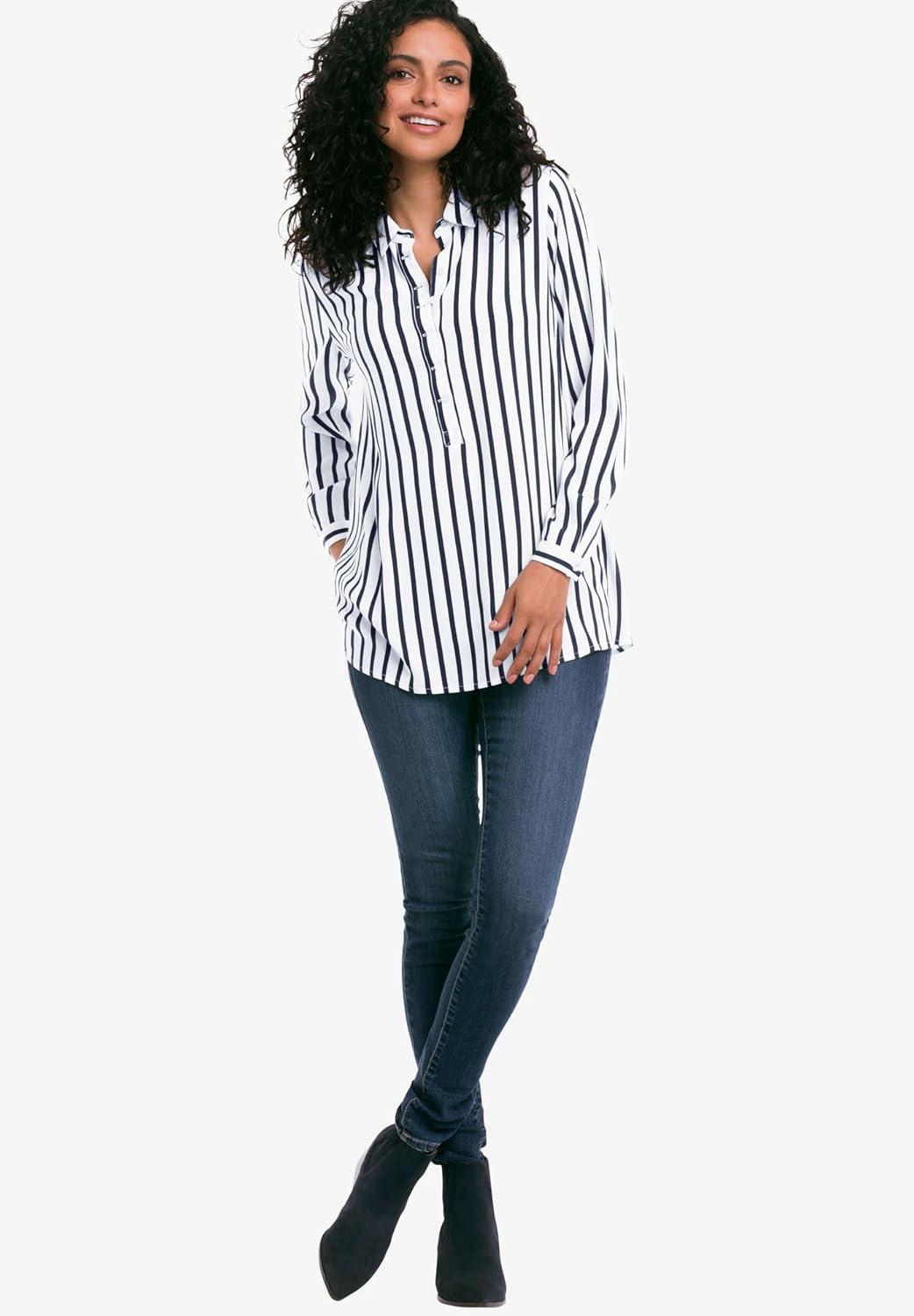 image:imageellos Plus Size Button Placket Popover TunicNavy Stripe