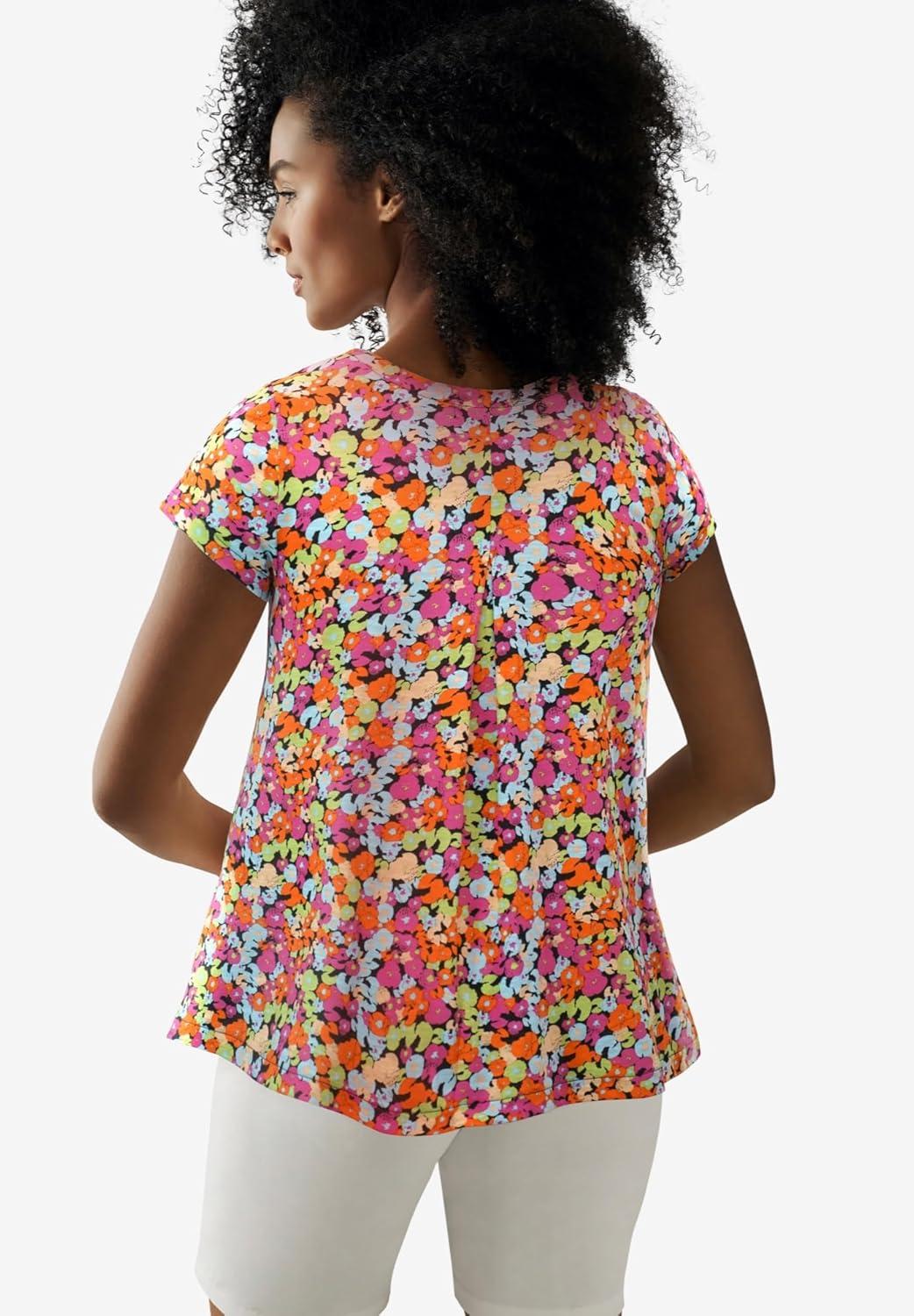 image:imageellos Plus Size Cotton Jersey Slub Cap Sleeve Trapeze TeeBlack Multi Floral
