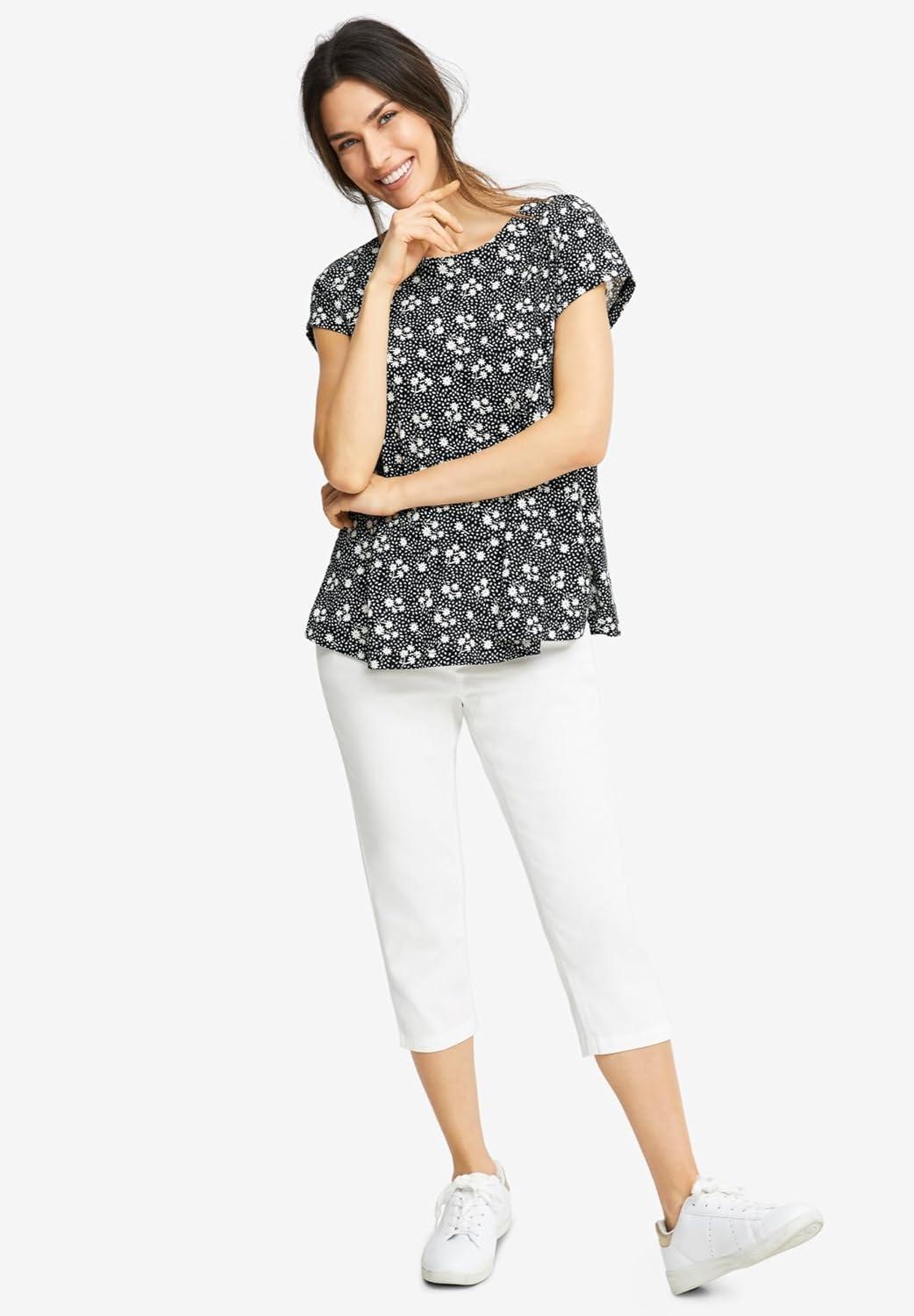 image:imageellos Plus Size Cotton Jersey Slub Cap Sleeve Trapeze TeeGrey Spruce Ditsy Floral