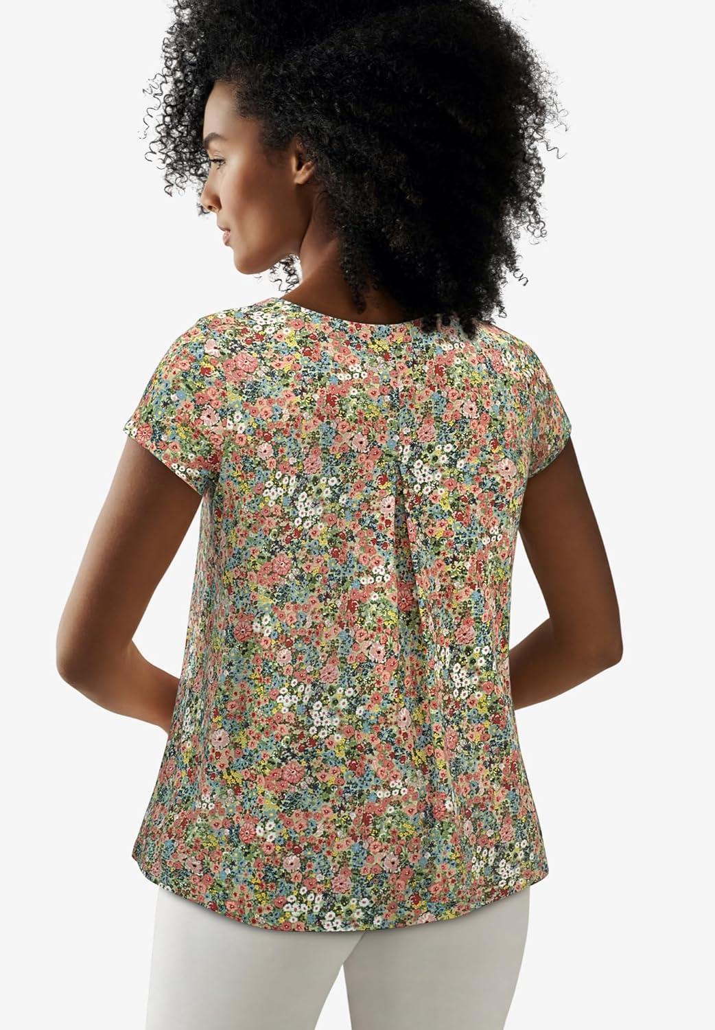image:imageellos Plus Size Cotton Jersey Slub Cap Sleeve Trapeze TeeGrey Spruce Ditsy Floral