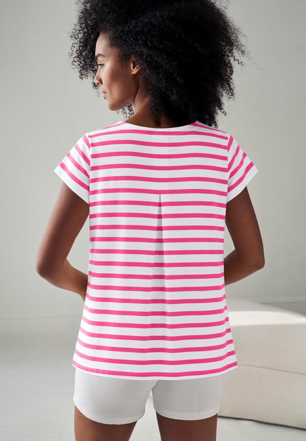 image:imageellos Plus Size Cotton Jersey Slub Cap Sleeve Trapeze TeeWhite Raspberry Sorbet Stripe
