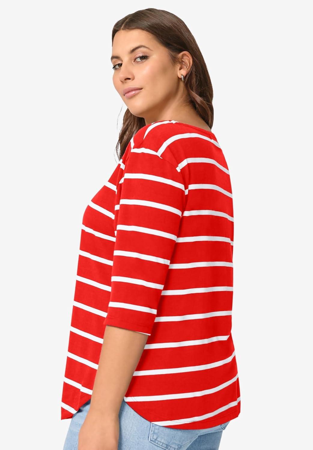 image:imageellos Plus Size Cotton Spandex Boat Neck 34 Sleeve Button Trim TeeRadiant Red White Stripe