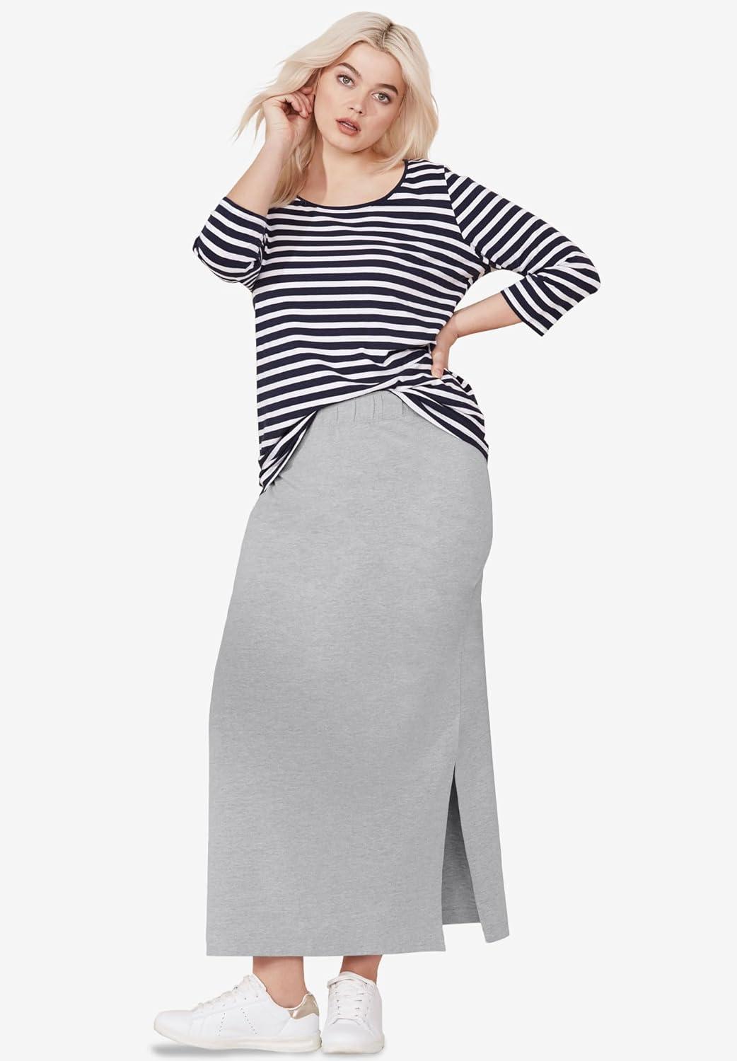 image:imageellos Plus Size Cotton Spandex Pull On A Line Maxi SkirtBlack