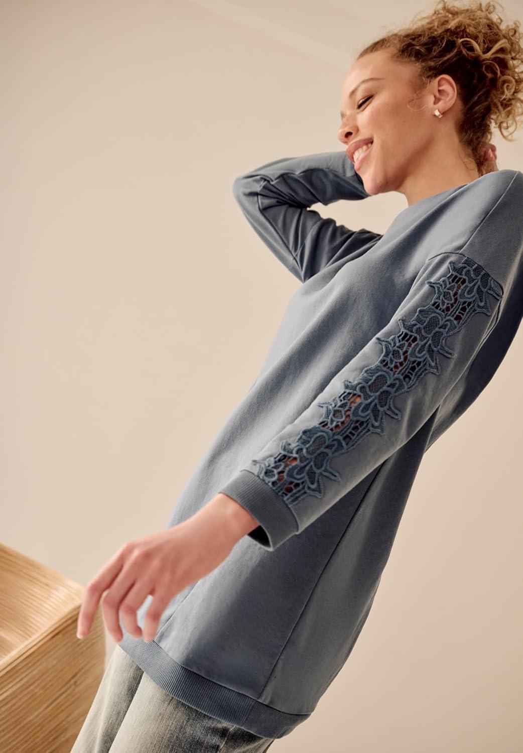 image:imageellos Plus Size French Terry Lace Trim Sweatshirt Tunic 2224 Vintage Blue