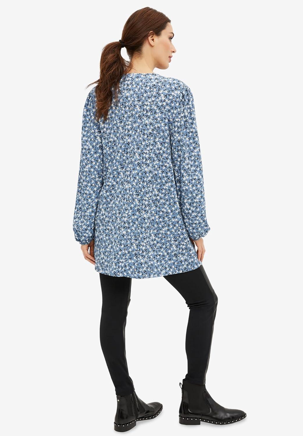 image:imageellos Plus Size Inverted Pleat Textured Knit Tunic with Blouson SleevesBlue Shadow Ditsy Floral