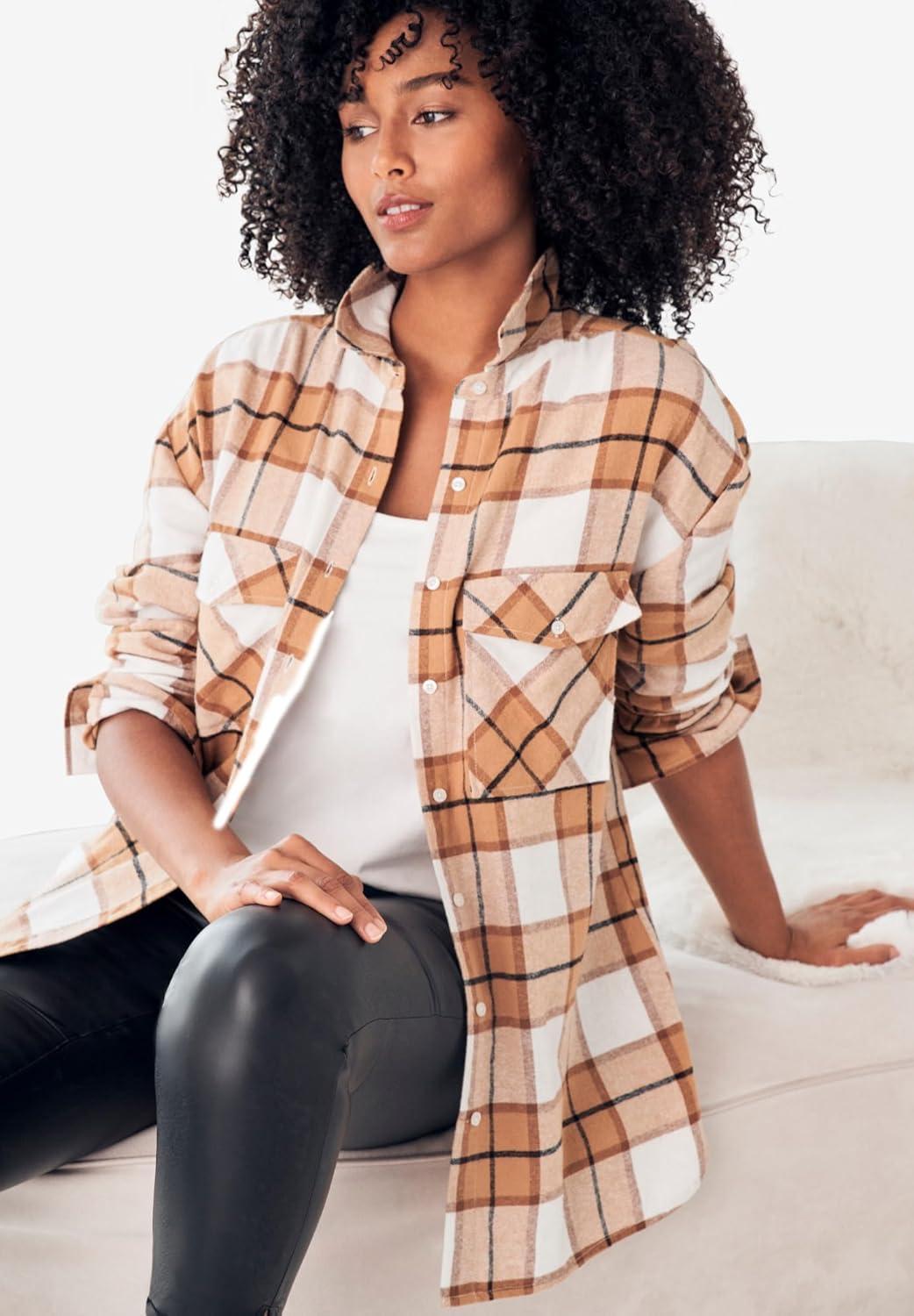 image:imageellos Plus Size Plaid ButtonFront Flannel TunicBlack Watch Plaid