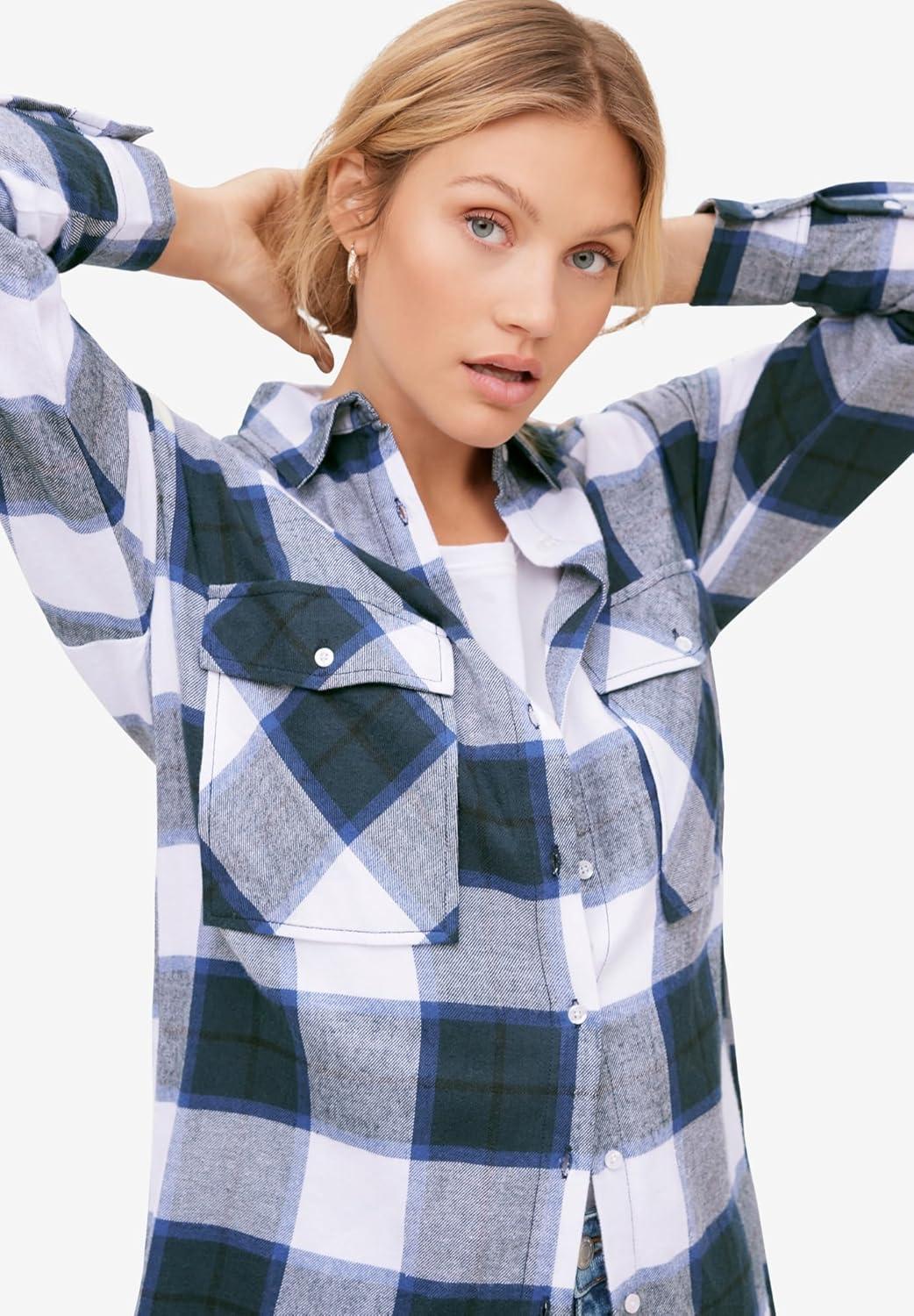 image:imageellos Plus Size Plaid ButtonFront Flannel TunicDark Camel Plaid